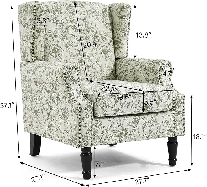 Wingback Accent Chair, High Back Upholstered Armchair, Printed Fabric Wingback Arms Chairs with Wood Legs, Single Sofa Reading Chair for Bedroom Living Room, Green Pattern