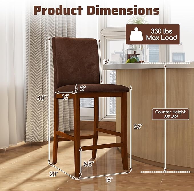 COSTWAY Counter Barstools Set of 2, 26 Inch Counter Height Stools with Upholstered Seat & Backrest, Armless High-Top Chairs with Rubberwood Legs for Kitchen Island, Dining Room, Pub