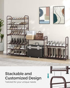 SONGMICS Stackable Shoe Rack, 4 Tier Metal Shoes Rack Storage Shelf, Holds up to 20 Pairs Shoes, Adjustable Slanted Shelves Tower Organizer for Closet Entryway Small Spaces, Bronze