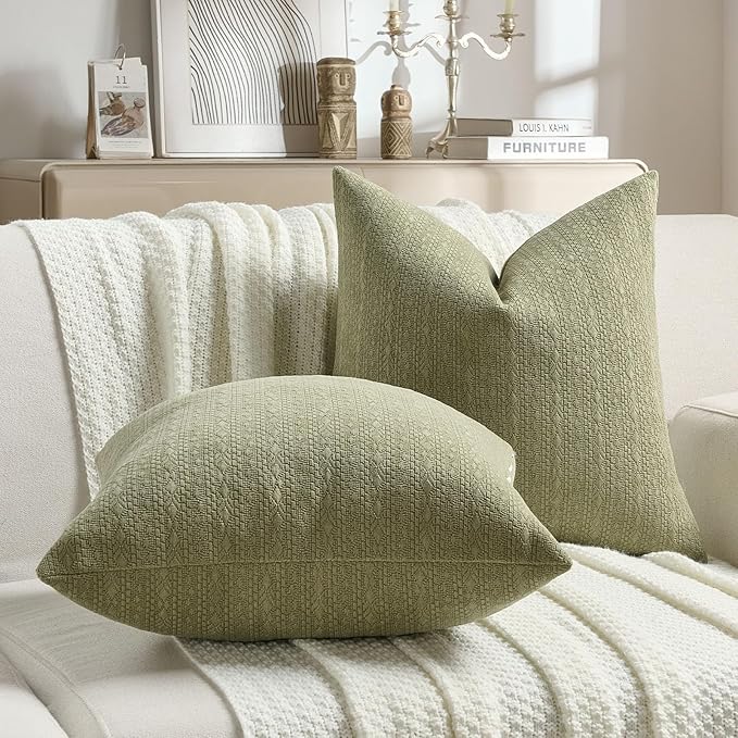 FUTEI Sage Green Chenille Throw Pillow Covers 16x16 Inch Set of 2,Soft Striped & Diamond Textured Cushion Cases,Modern Home Decor for Couch Living Room