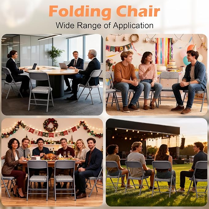 Commercial Grade Folding Chair with Padded Fabric Cushion（16"X16" |Double-hinged Legs Luxury Style|4.5kg Capacity Max Weight 150Kg for Home and Office,Indoor and Outdoor Events (2, Fabric-Beige)