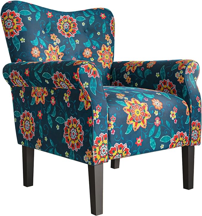 BELLEZE Modern Accent Chair for Living Room, High Back Linen Armchair with Wooden Legs, Upholstered Wingback Side Chair Padded Armrest Single Sofa for Living Room, Bedroom - Allston (Blue & Flower)