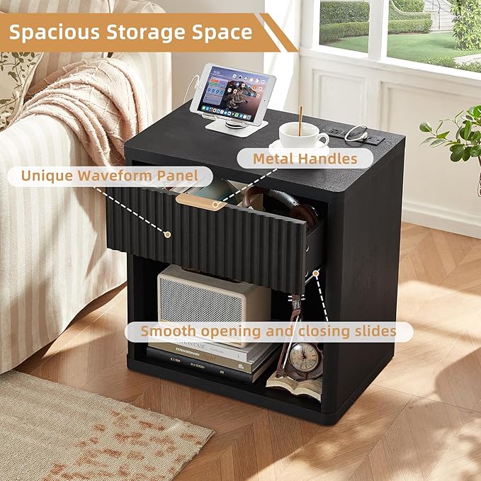 LEYAOYAO Fluted Farmhouse Nightstand Set of 2 with Charging Station, 23" Wide 1 Drawers End Table,Black Dresser for Bedroom,Bed Side Table Chest of Drawers Cabinet,Wood Night Stand for Living Room