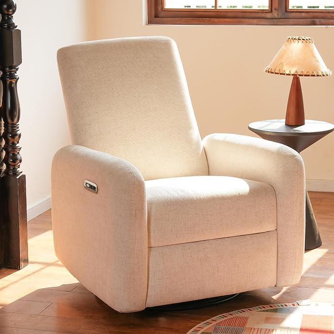 Power Recliner Chair, Swivel Rocker Recliner with USB A/C Charging Ports & Smooth Swivel Motion, Chenille Upholstered Rocking Chair for Nursery,Living Room, Bedroom, 1PC, Cream