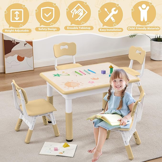 Adjustable Kids Table Chairs Set – Graffiti Desktop, Multi-Activity Height-Adjustable Toddler Study Desk for Ages 3-8 – Ideal for Home, Classroom, Daycare (W-Brown, 4 Chairs-31.5" L x 23.6" W)