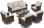 Luxury Patio Furniture Set with 5.5" Thick Cushion, Outdoor Wicker Conversation Set, 4 x High Back Swivel Patio Chairs with Tempered Glass Table, Waterproof 3-Seat Sofa for Deck Lawn Deck Yard, Beige