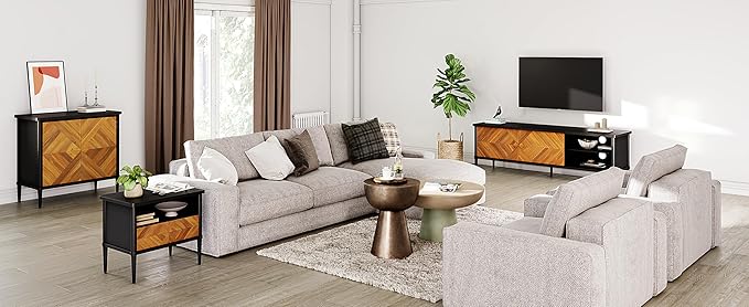 Lenia 65 Inch Solid Acacia Wood TV Stand, Modern Farmhouse Rustic Mid Century TV Media Console for Living Room, Entertainment Center with Storage & Cabinets, Brown Teak Finish