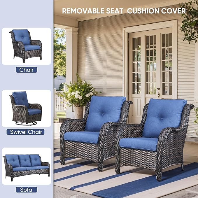 10-Piece Outdoor Patio Cushion Set - Fade & Water Resistant with Removable Olefin Cover, 22x24x4 Inch Memory Foam Cushions for Wicker Sectional Sofa – Blue/Buckle