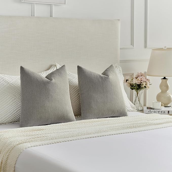 FUTEI Smoke Gray Chenille Decorative Throw Pillow Covers 24x24 Inch Set of 2,Soft Cozy Faux Linen Textured European Pillow Shams,Farmhouse Home Decor for Couch Living Room