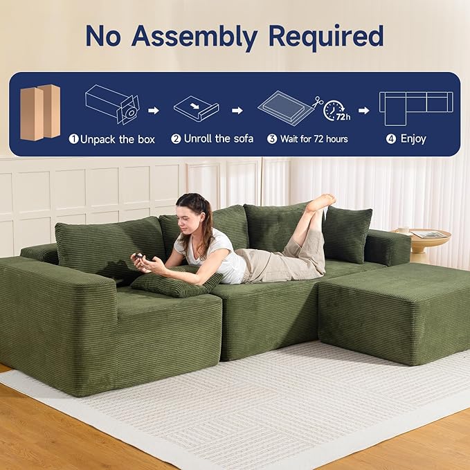 2025 New 108" Cloud Couch Sectional, Modular Sectional Sofa with L-Shaped Chaise, Deep Seat Sectional Modular Couch for Living Room, No Assembly Required (Green, Chaise Ottoman)