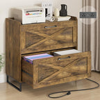 File Cabinet 2 Drawers Lateral File Cabinet with Charging Station for Letter/Legal/A4 Size Hanging Files, Large Wood File Storage Cabinets Printer Stand for Home Office, Brown