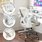 Office Home Ergonomic Desk Chair-Computer X-Shaped Chair Mesh PU Leather with Adjustable Lumbar Support-Executive Chair High Back Flip-Up Arms for Long Hours (Beige-No Headrest)