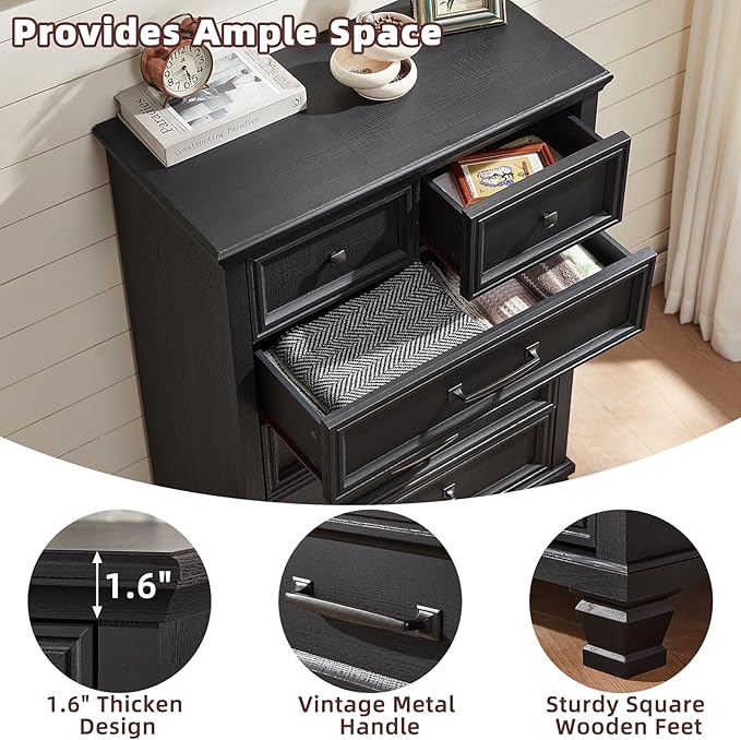 Farmhouse Bedroom Dresser and Nightstand Set of 4, 6 Drawer Tall & 5 Drawers Dresser & 2 Drawer Nightstand Set, Rustic Wood Bedroom Furniture Set for Livingroom, Hallway, Black