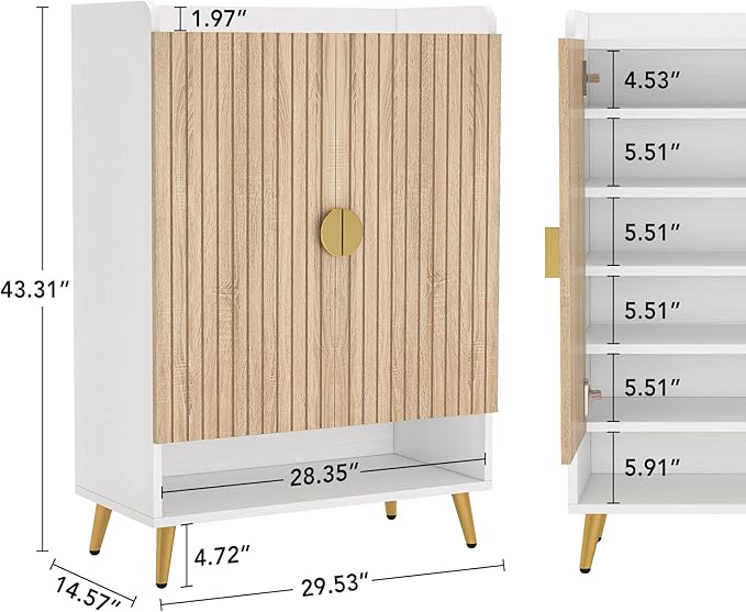 Tribesigns Shoe Cabinet with Doors, 7-Tier Shoe Storage Cabinet with Adjustable Shelves, Wooden Shoes Rack Shoe Storage Organizer for Entryway, Hallway, Closet, Living Room, Wood and Gold