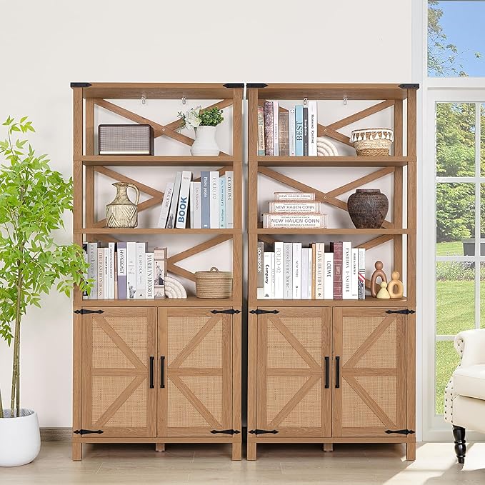 5 Tier Bookshelf 70" Rattan Boho Tall Bookcase with Barn Doors,Farmhouse Display Book Shelf with Adjustable Shelves and Storage Cabinet,Wood Bookshelves for Living Room,Kitchen,Natural (2PCS)