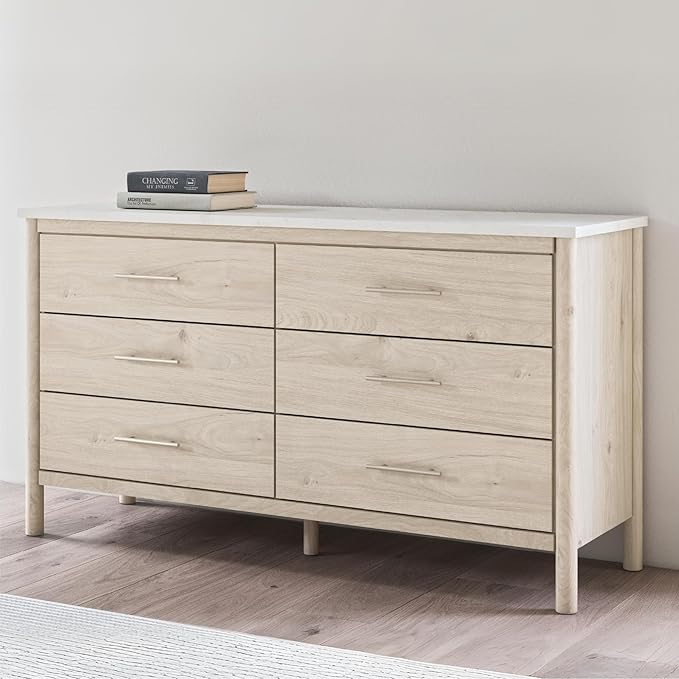 Signature Design by Ashley Cadmori Casual Bohemian Dresser with Post Legs and 6 Drawers, Replicated Marble Top, Wood, 35" High, White and Light Brown Finish