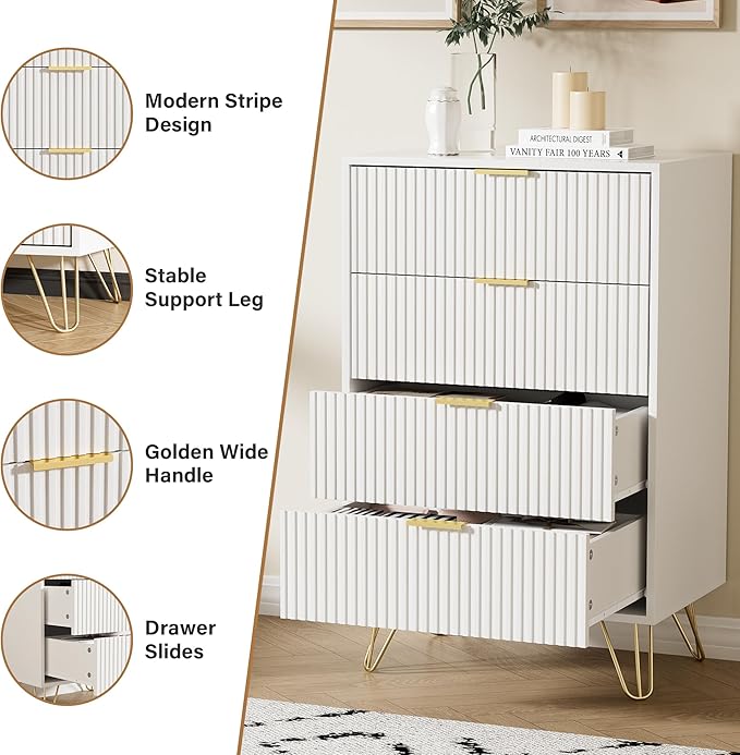 White Dresser for Bedroom, Modern Wide Dresser with Gold Pulls and 4 Drawers for Bedroom, Closets, 15.7" D x 23.6" W x 37.4" H