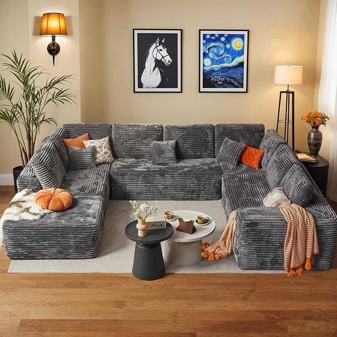 Weaxty Boneless Sectional Couch, Oversized L Shaped Modular Cloud Couches, Plush Corduroy Memory Foam Deep Seat Floor Sofa, No Assembly Required，Gray