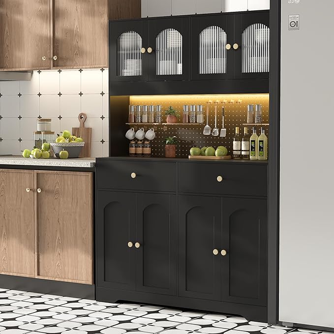 70" Pantry Cabinet with Pegboard, Kitchen Pantry Storage Cabinet with Shelves & Drawer, Adjustable Shelves, LED Light & Power Outlets for Dining Room (Black)