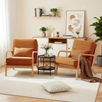 Claiks Mid-Century Modern Accent Chair, Living Room Armchair with Solid Wood Frame & Lumbar Pillow, Comfy Upholstered Lounge Chair for Bedroom, Office, Linen-Like Fabric, Orange