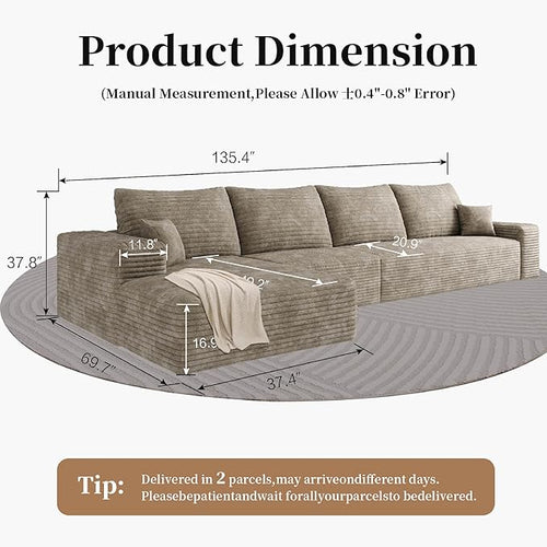 135.4'' Oversized Cloud Sofa Sectional Couch, Boneless Couch with L-Shape Chaise, Upholstered Compression Modular Sectional Sofa for Living Room, No Assembly Required (Camel, Left Facing Chaise)