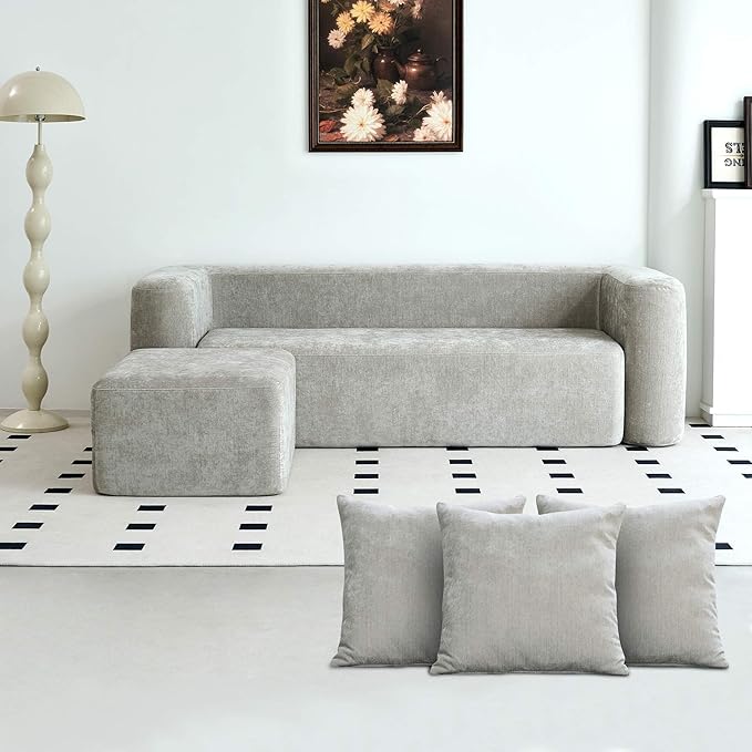 Modern One-Piece Foam Sofa with Ottoman, No Assembly Required, Ergonomic Design Couch, Eco-Friendly Chenille Fabric, Modular DIY Combination Sectional for Living Room, Apartment & Lounge (Light Gray)