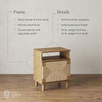 Nathan James Beacon Wood Nightstand, Bohemian Accent Table or Sofa Side Table with Seagrass Door for Bedroom or Living Room, Light Brown