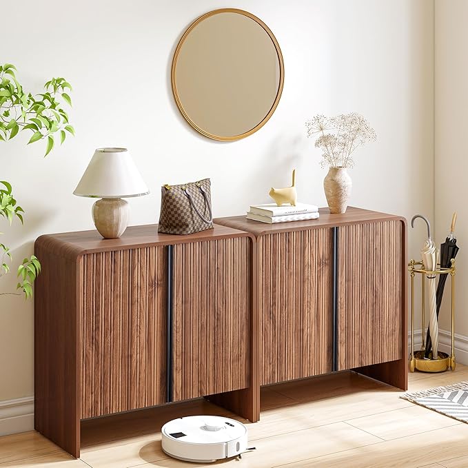 BERRYMERRY 2 Door Fluted Sideboard Buffet Cabinet with Storage, Modern Wood Cabinet with Adjustable Shelves for Living Room, Dining Room (Brown 4 Doors)