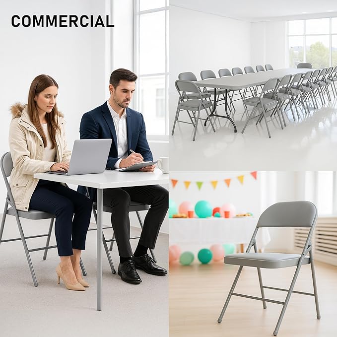 SEALAMB 16 Pack Grey Folding Chairs with Padded Seats & Cushion, Durable Metal Foldable Chairs for Wedding Party, Commercial Chairs for Office School Church Events, 330lb Capacity (Grey-PU, 16 Pack)