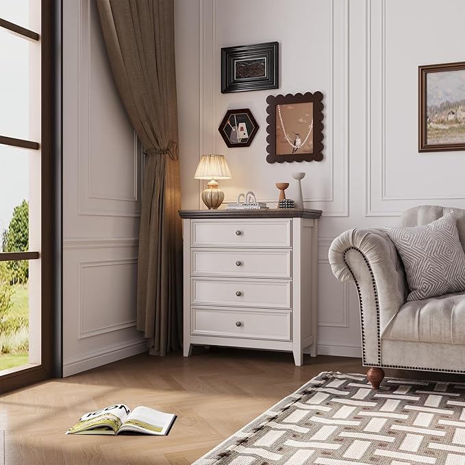 Antique White Dresser for Bedroom 4 Drawers Dresser,4 Chest of Drawers Storage Cabinet for Living Room,Filing Cabinet for Home Office