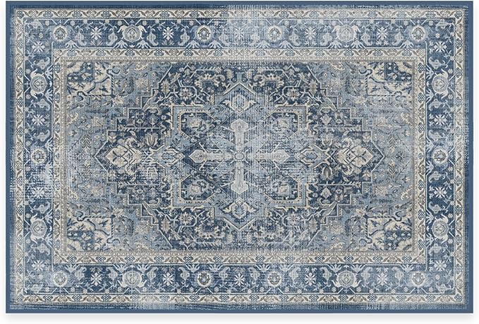 RUGGABLE Washable Area Rug – Kamran Admiral Blue 2x3, Stain-Resistant, Non-Slip – Small Machine Washable Rugs for Living Room, Bedroom, Hallway, Entryway & Bathroom–with Cushioned Pad