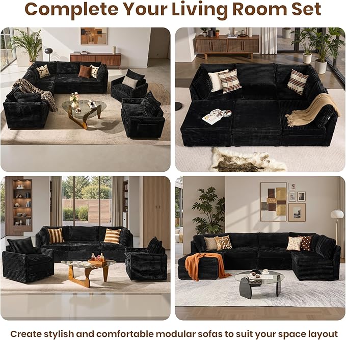 130'' Modern Modular Sectional Sofa with Ottoman, 8 Seater U Shaped Cloud Couch for Living Room, Oversized Deep Seat Convertible Sofa Set, Plush Corduroy Black