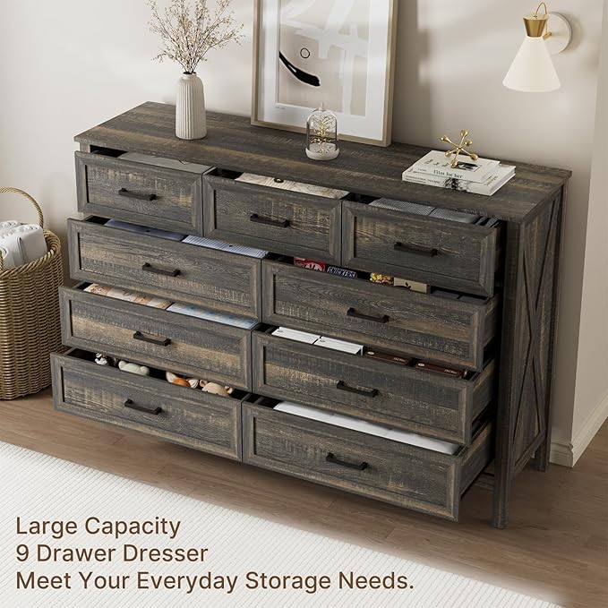 LYNSOM Farmhouse 9 Drawer Dresser for Bedroom, 55 Inch Wide Wood Rustic Chest of Drawers with X-Marking & Bar Handle, Large Storage Dressers Organizer for Bedroom, Living Room, Dark Rustic Oak