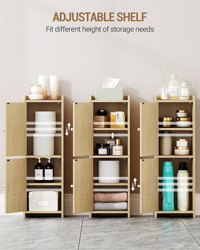 Bathroom Storage Cabinet, Corner Floor Cabinet with 2 Doors and Adjustable Shelf, Narrow Toilet Paper Cabinets, Bathroom Organizer for Small Spaces, 7.9" D x 9.8" W x 29.5" H Yellow