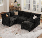 KKL Modular Sectional Sofa, J-Shaped 5 Seater Convertible L-Shaped Cloud Couch with Ottoman, Chenille Modern Sectional Couches for Living Room, Apartment Black