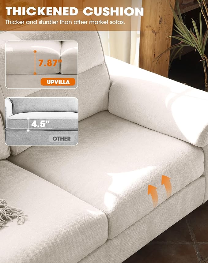 88.97" Modern Couches for Living Room, Deep Seat Sofa with 8”Cushion, Comfy 2-Seater Chenille Loveseat Sofa with Convertible Armrest, Removable Sofa Cover, High Leg (Beige)