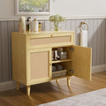 Storage Cabinet with Rattan Decor Doors & Drawer, Modern Bathroom Floor Storage Cabinet Organizer, Freestanding Cupboard for Kitchen/Living Room Use