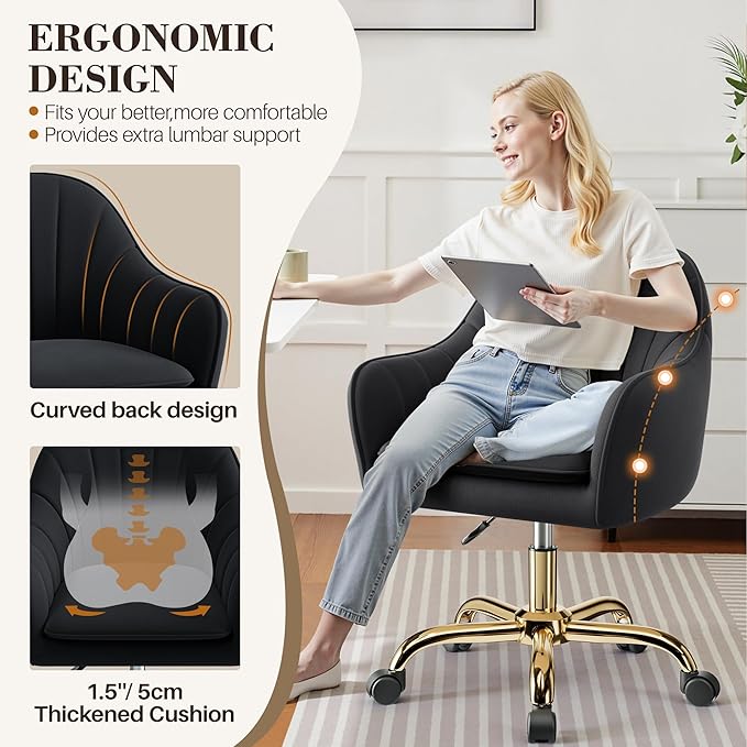 Comfy Home Office Desk Chairs Vanity Chair with Wheels Adjustable Modern Velvet Makeup Vanity Chairs for Bedroom Living Room（Black）