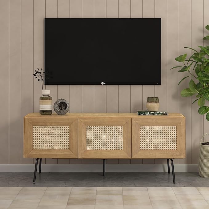 NTC Mossic TV Media Cabinet with 3 Doors for TVs, Entertainment Center with Natural Rattan, Metal Legs, Modern Storage Console for Living Room and Bedroom, Effortless Assembly, Sand