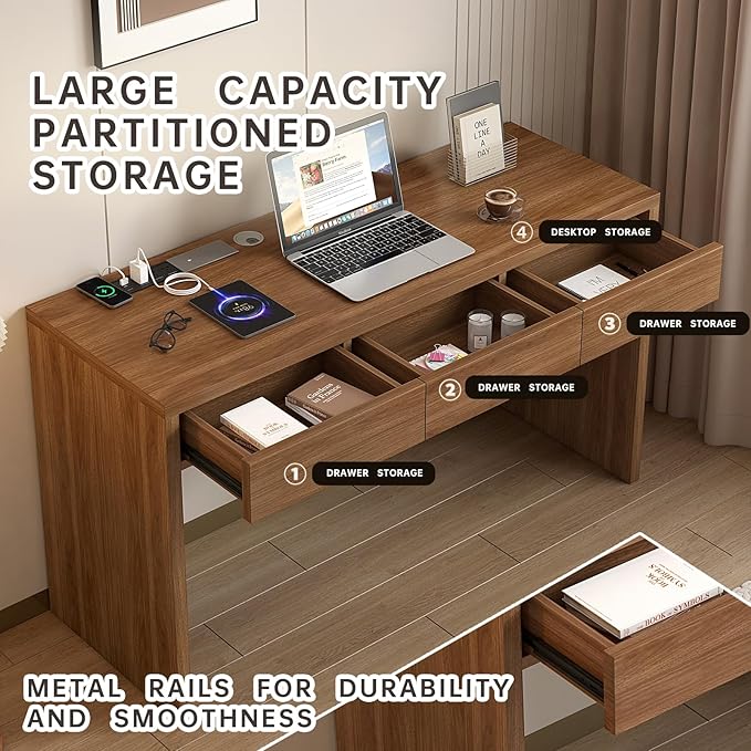 55-Inch Office Desk with Pull-Out Outlet, Computer Desk with 3 Sturdy Drawers, Writing/Gaming/Work/Study Desk for Bedroom, Living Room & Home Office, Brow (Brown, 55)