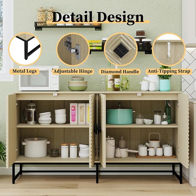 Sideboard Buffet Cabinet with Storage - Accent Storage Cabinet with Doors, Wood 4 Doors Cabinet with Metal Legs, 60" Buffets & Sideboards, Modern Credenza for Living Room (Natural)