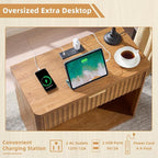 LEYAOYAO 31" Wide Fluted Nightstand Set of 2 with Charging Station, Oversized Extra Large 1 Drawer Night Stand with Golden Handle, Brown Wood Bedside Table Tall End Tables,for Bedroom, Living Room