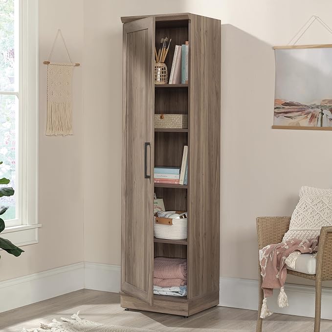 Sauder HomePlus Kitchen Pantry Storage Cabinet Slim Single Door with Adjustable Shelves, Laundry Bathroom Storage Cabinet, in Salt Oak