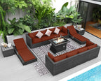 NICESOUL 13 Piece Outside Patio Set with Fire Pit Table, Non-Fading All Weather Deck Furniture Sets with Sun Loungers, Comfy Big Exterior Seat 10-Seater for Garden, Grey Wicker & Burgundy Cushion