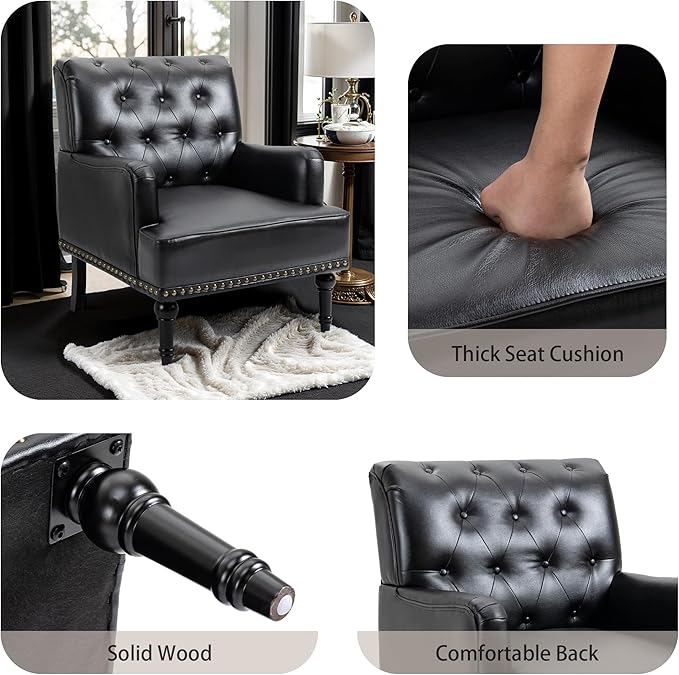 MOJAY Faux Leather Accent Chair, Mid-Century Armchair Living Room Sofa Chair with Rubber Wood Leg, Club Chair with Rivet Trim for Bedroom Reading Room Reception (Black)