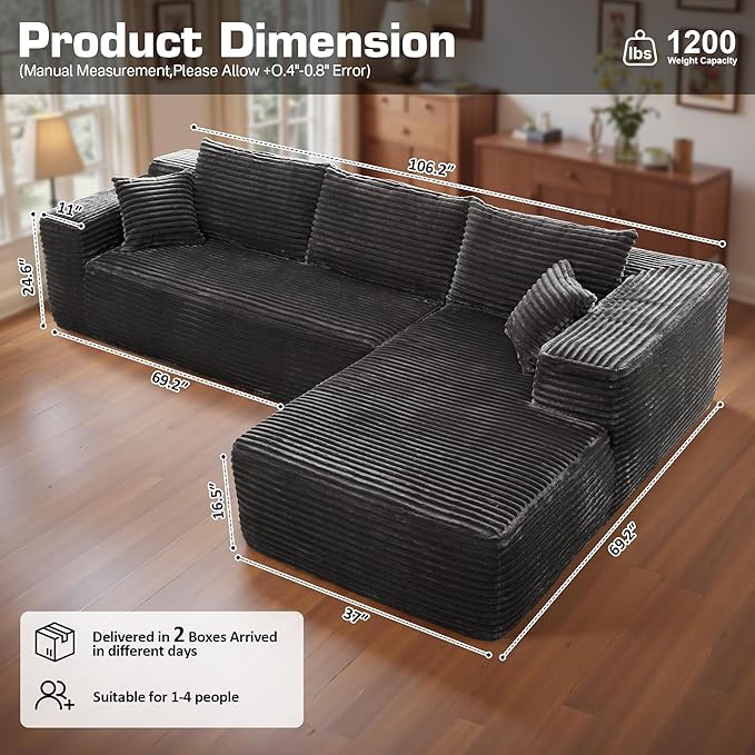 106" Cloud Sectional Couch with Chaise Lounge,L Shaped Modular Modern Sofa,Comfy Corduroy Fluffy Sofa with Deep Seat,No Assembly Required Couch for Living Room(Right,Plush Corduroy,Gray)