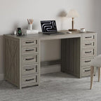 WOPITUES 60" Farmhouse Home Office Desk with 10 Wooden Drawers, Rustic Computer Writing Desk with Power Outlets, Large Executive Desk with Storage Cabinet for Work Study Writing Craft, Wood Grain Gray