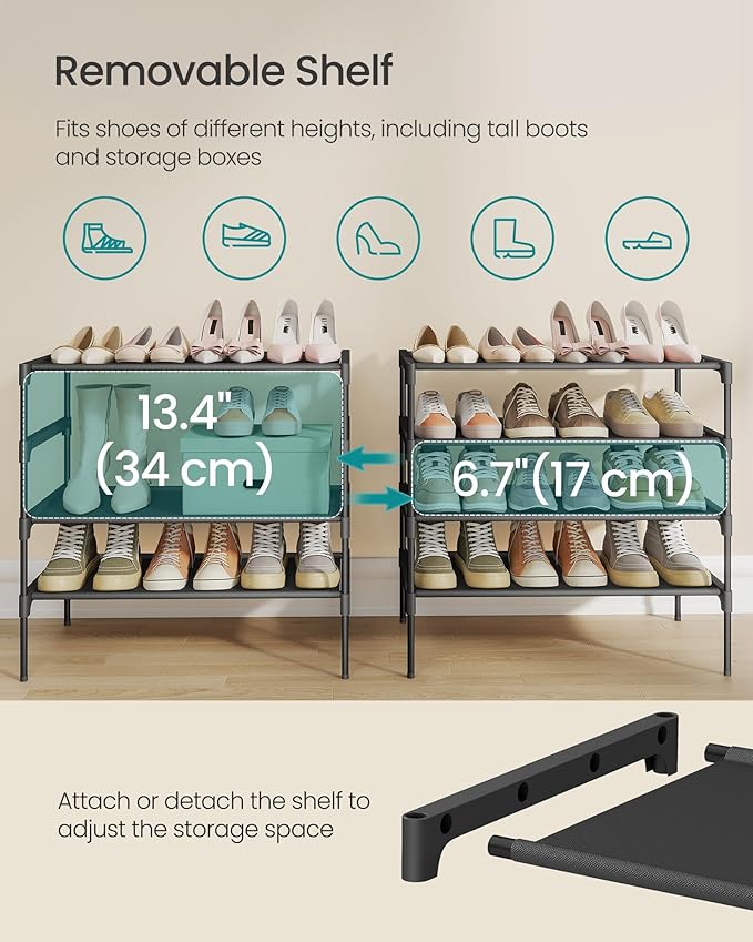 SONGMICS Shoe Rack, 4-Tier Shoe Storage Organizer, Space-Saving, 11.6 x 24.5 x 27.7 Inches, Entryway, Metal Frame, Non-Woven Fabric Shelves, Ink Black ULSH024BH01S