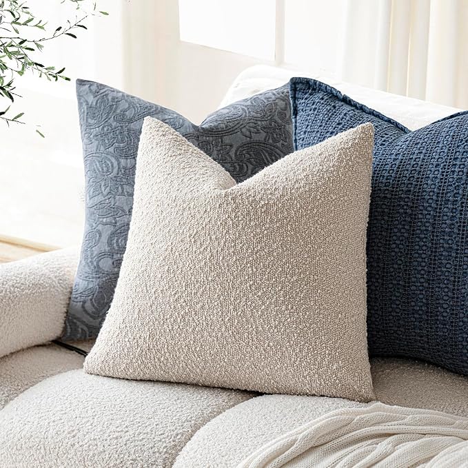 Foindtower Set of 2, Decorative Textured Boucle Throw Pillow Covers Accent Solid Pillow Cases Neutral Cozy Couch Cushion Case for Chair Sofa Bedroom Living Room Home Decor 26 x 26 Inch Ivory Beige