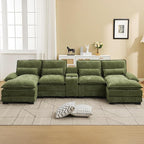 125'' U Shaped Cloud Modular Sofa with Chaise Lounges, Chenille Upholstered Comfy Sectional Couch with Storage Console, USB Charging Ports & Cup Holders, Small Deep Seat Sofa for Living Room, Green